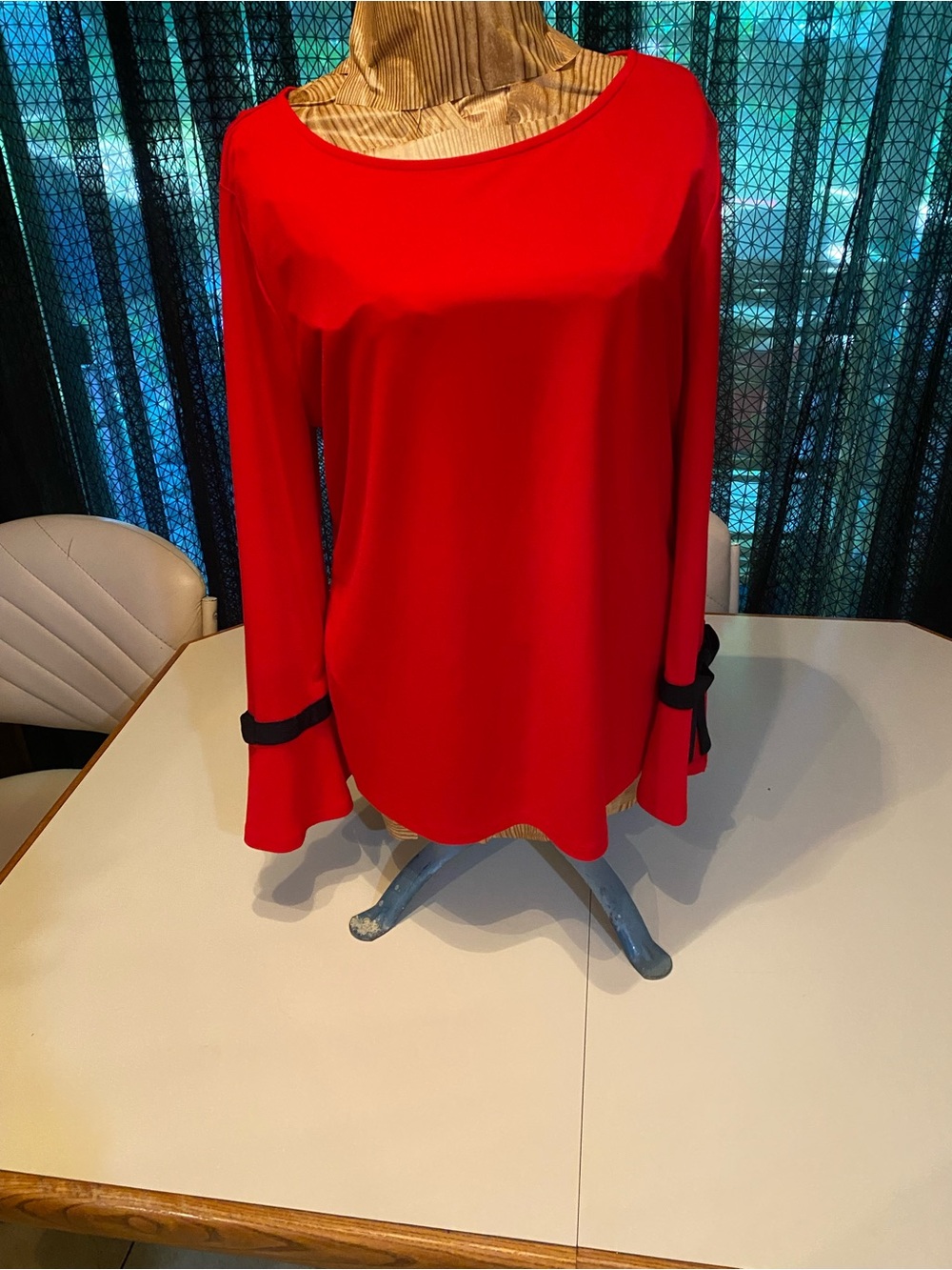 Charter Club Red Long-Sleeve Scoop Neck Blouse with Black Trim